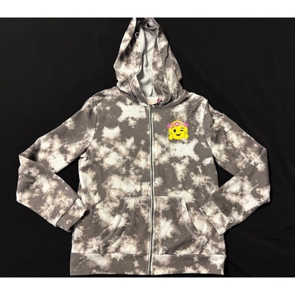 SO gray and white splatter paint hoodie, kids size 10, smiley face with flowers
